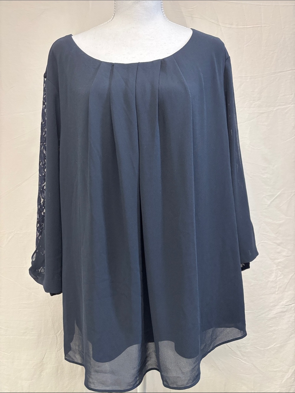 cleo Navy Pleated Chiffon Blouse with Lace Sleeves